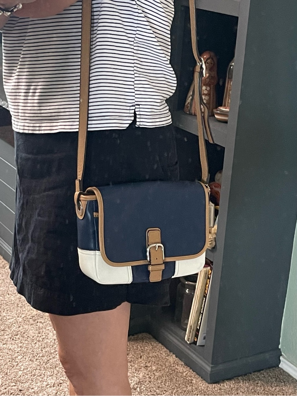 Coach Hadley leather crossbody bag in a navy, tan, and white colorblock design. - Picture 11 of 11